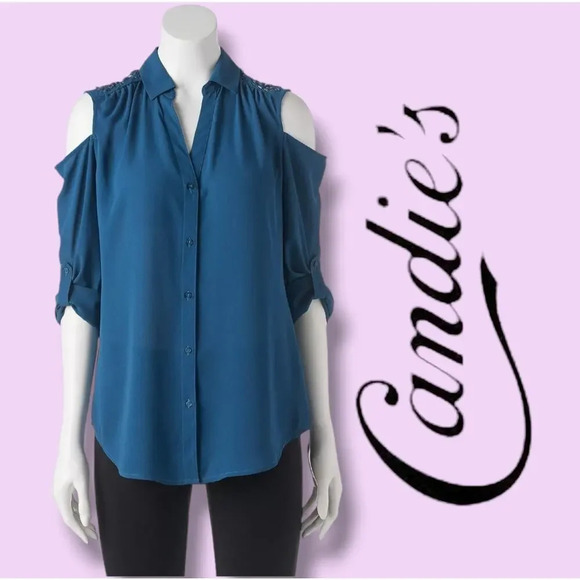Candie’s Women’s Blue Cold Shoulder Button-Down Blouse Sz Medium - Picture 6 of 7